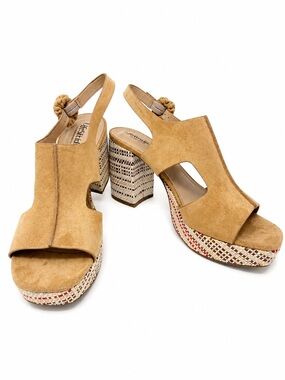 LifeStride Soft System Tan Suede Platform Heels Size 11 Woven Block Sandals NWT